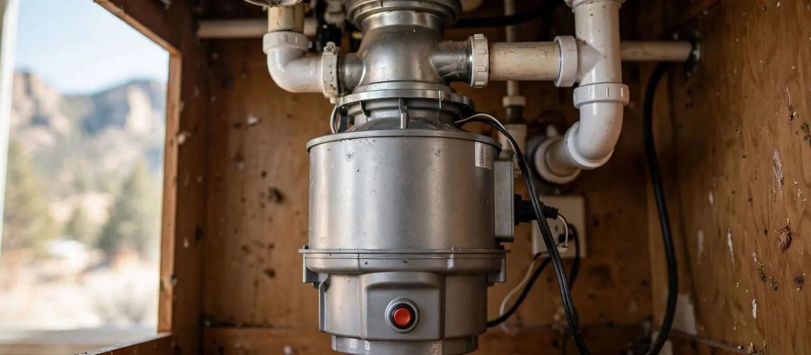 Under sink view of a stainless garbage disposal with red reset button and drain pipes
