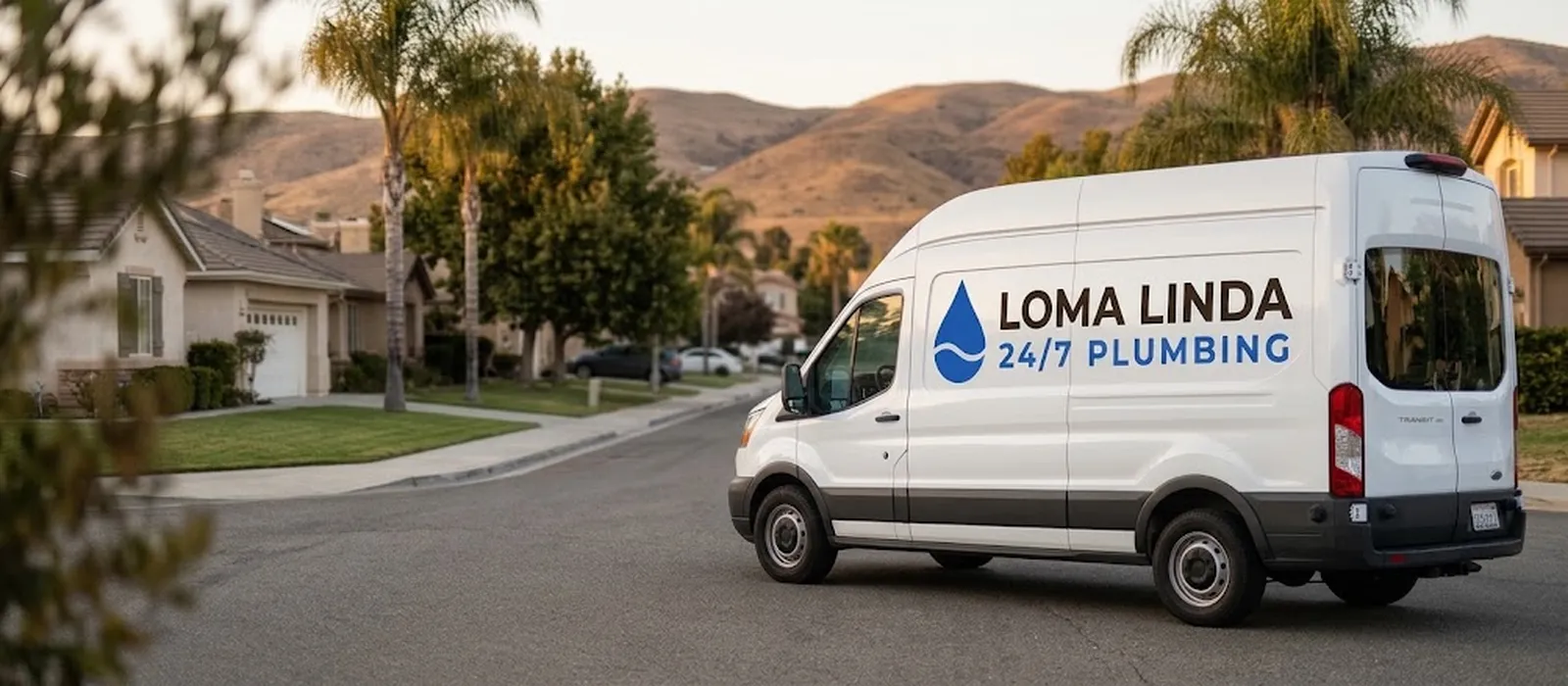 White plumbing service van with the Loma Linda 24/7 Plumbing logo parked on a residential street with palm trees and hills behind