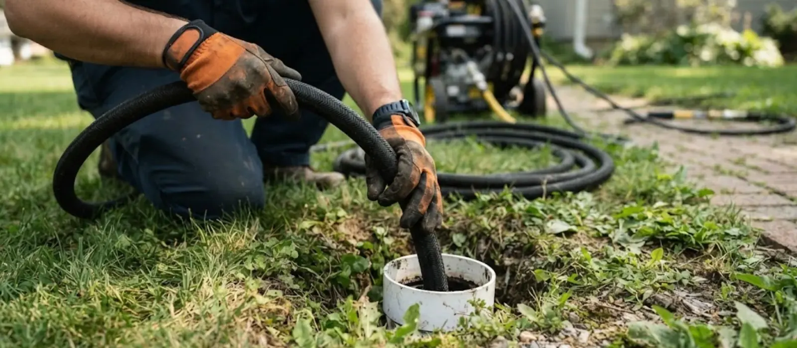 Technician feeding a cleaning hose into a white sewer cleanout in a grassy yard