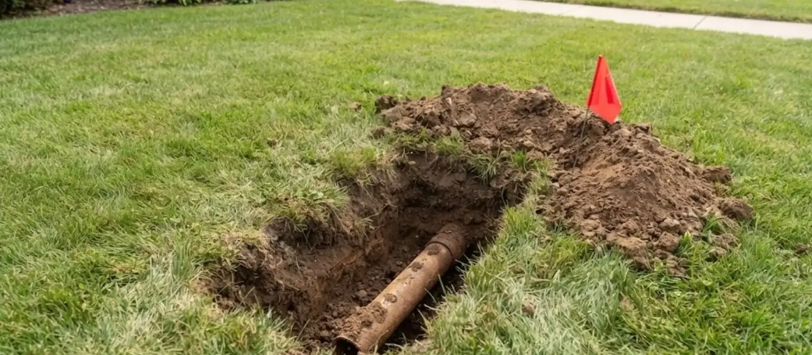 Small excavation in a front lawn exposing an old buried sewer pipe with a marker flag