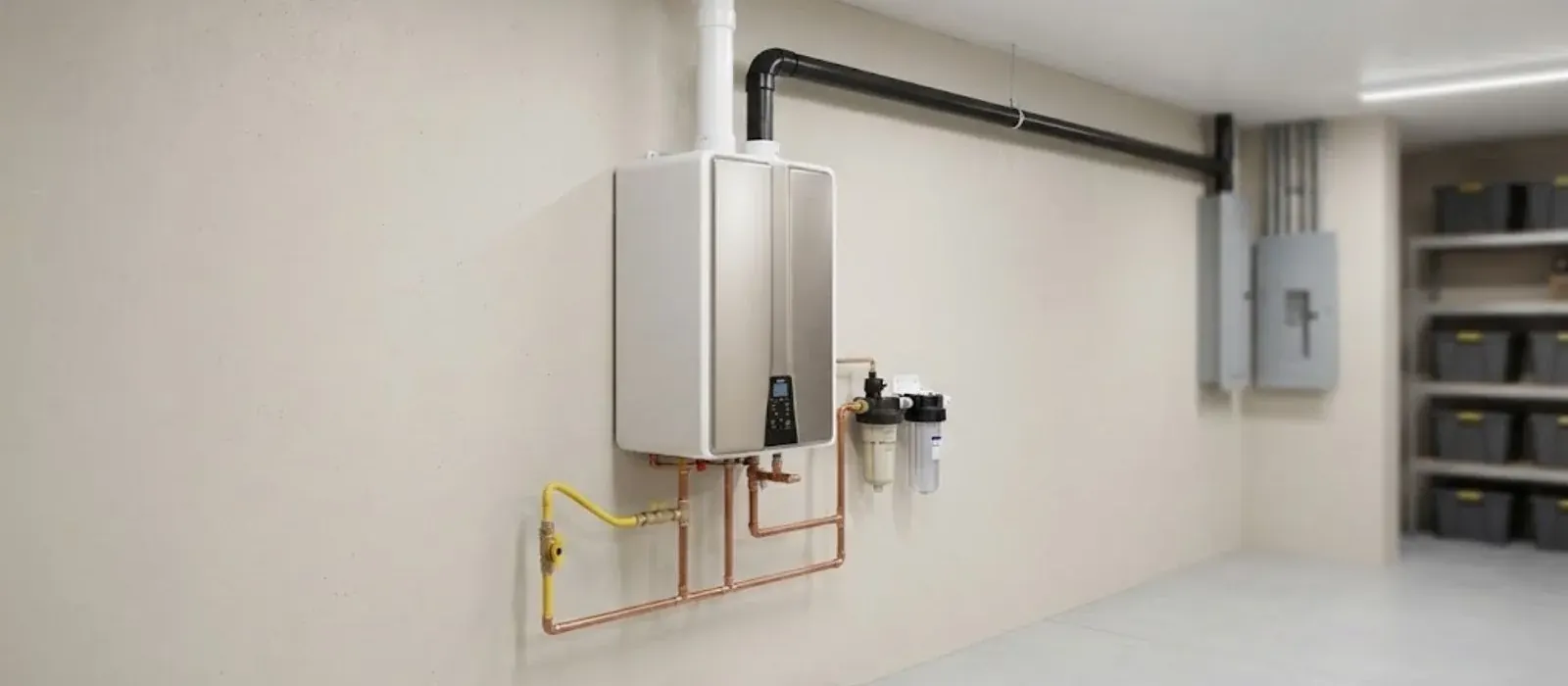 Wall mounted tankless water heater with vent pipe, copper lines and yellow gas line