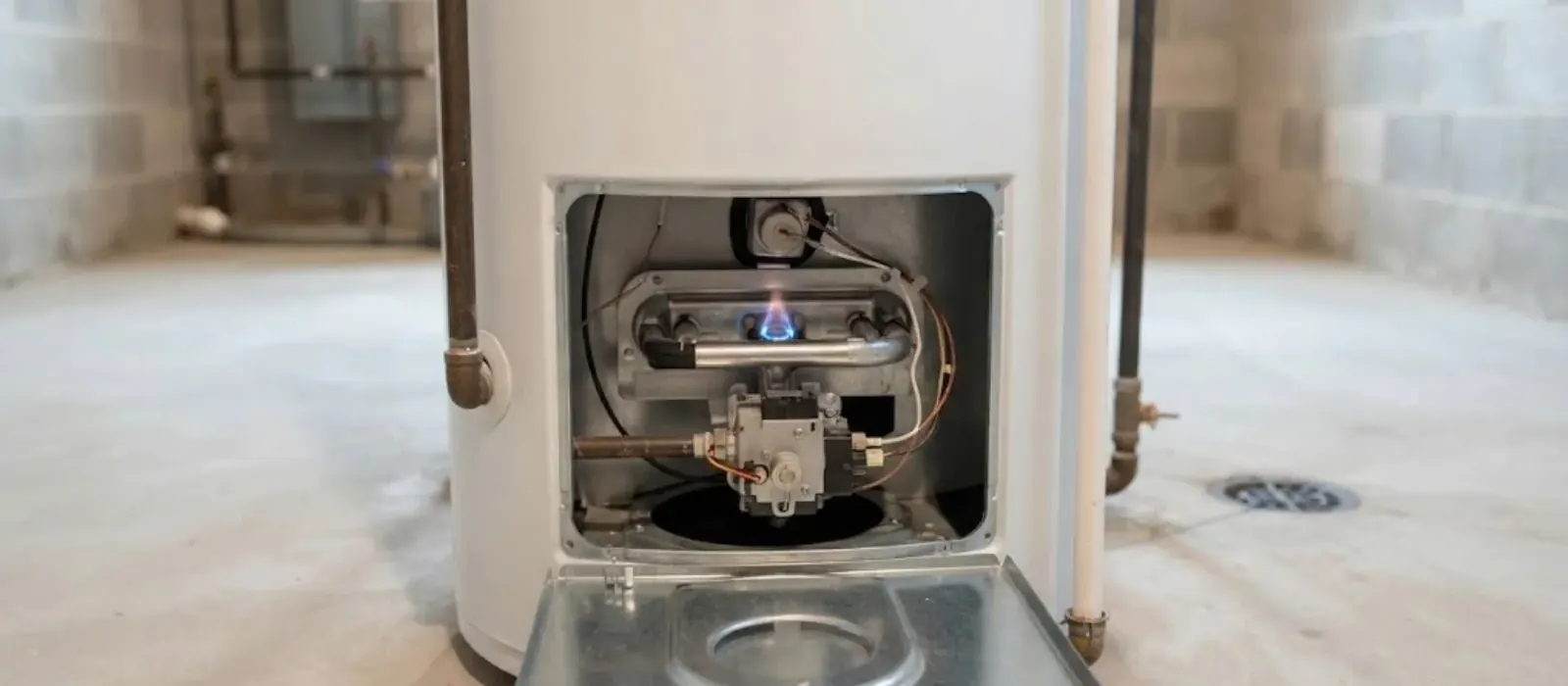 Gas water heater with its burner access door open showing the pilot flame and gas valve