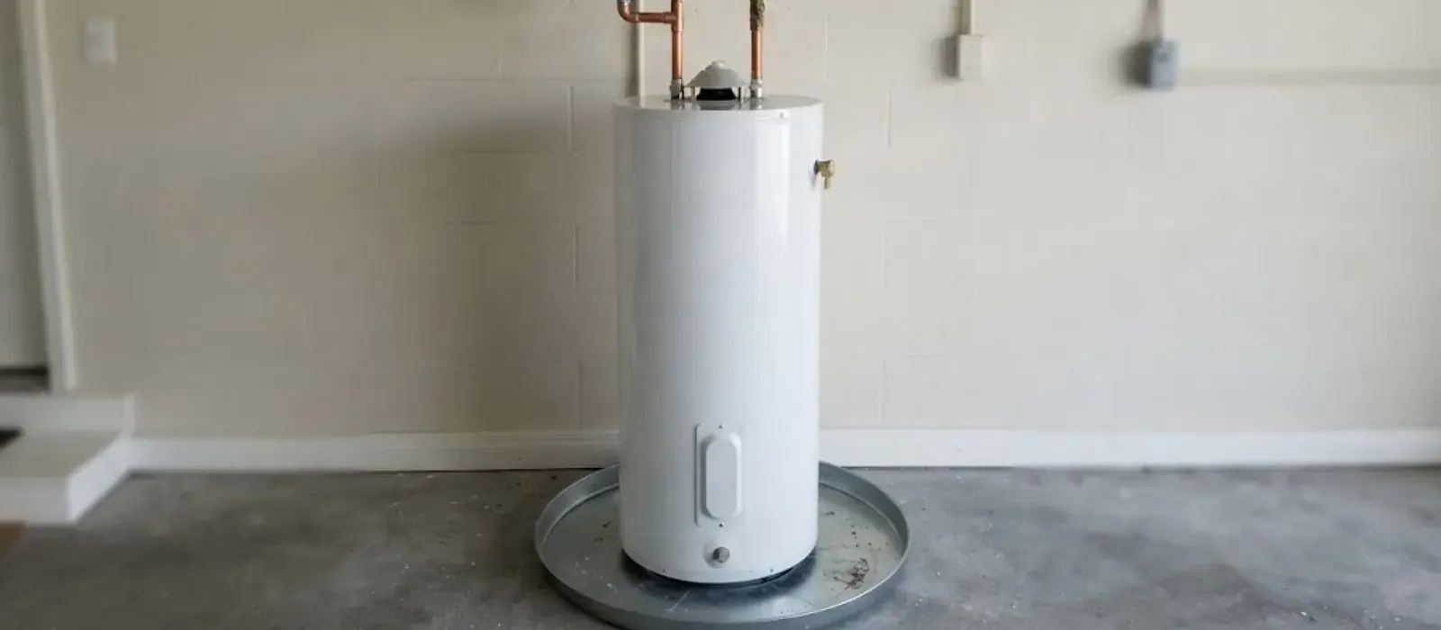 New white tank water heater on a drain pan with copper lines and an expansion tank